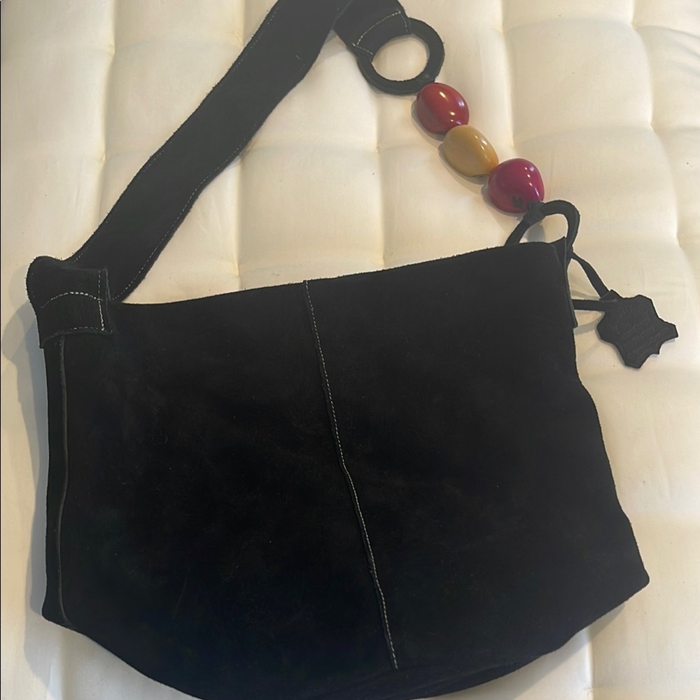 Black Suede Shoulder Bag with Tagua Embellishment